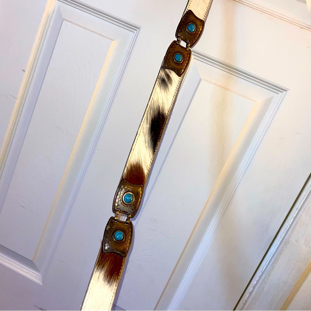 Vintage Spanish / Balearic Cowhide Belt with Turquoise and Silver Hardware